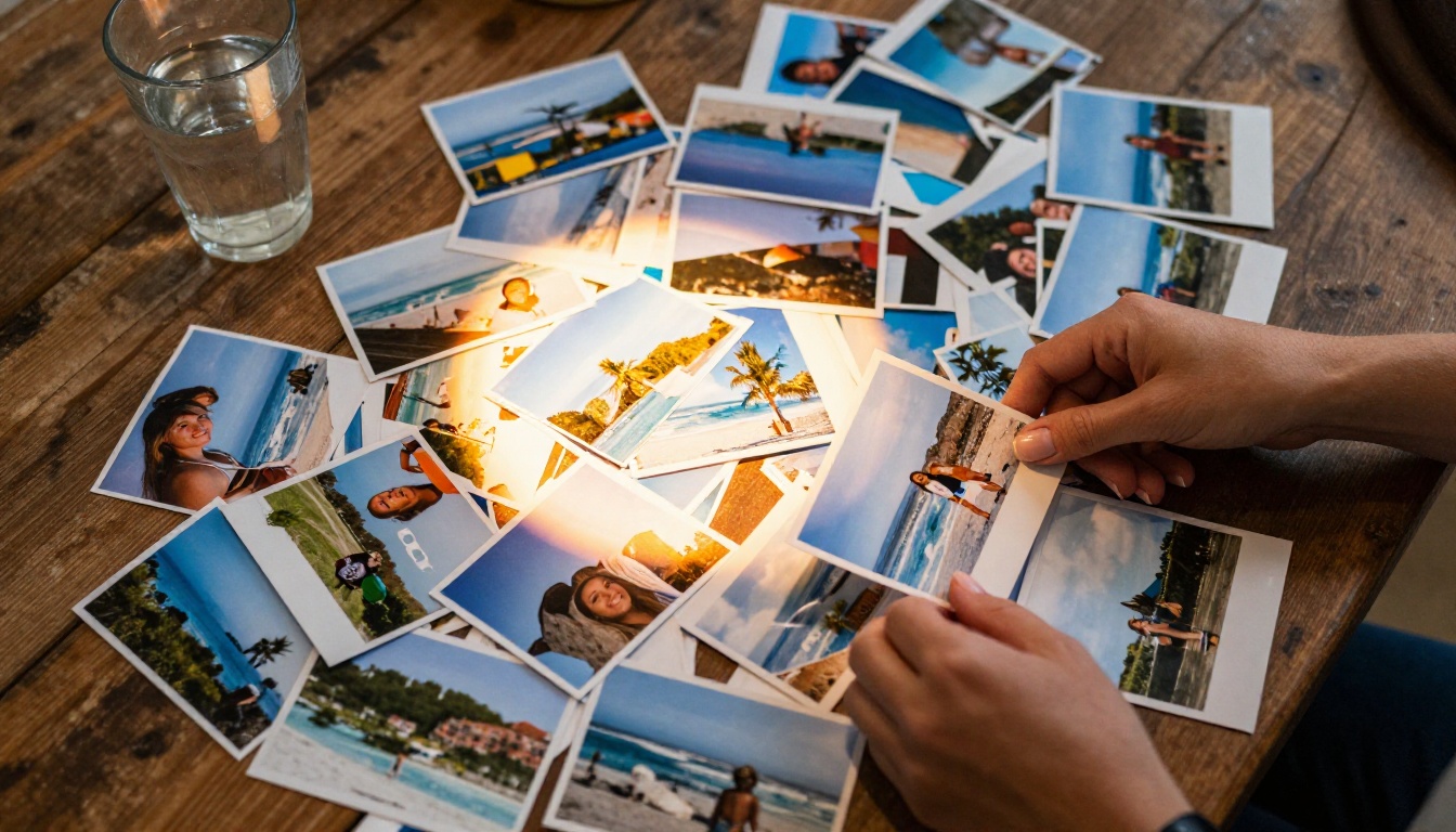 Sorting printed photos on a rustic farmhouse table