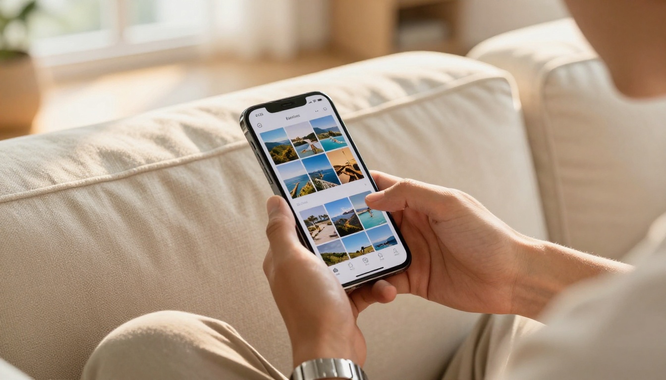 Young man selecting vacation photos on smartphone