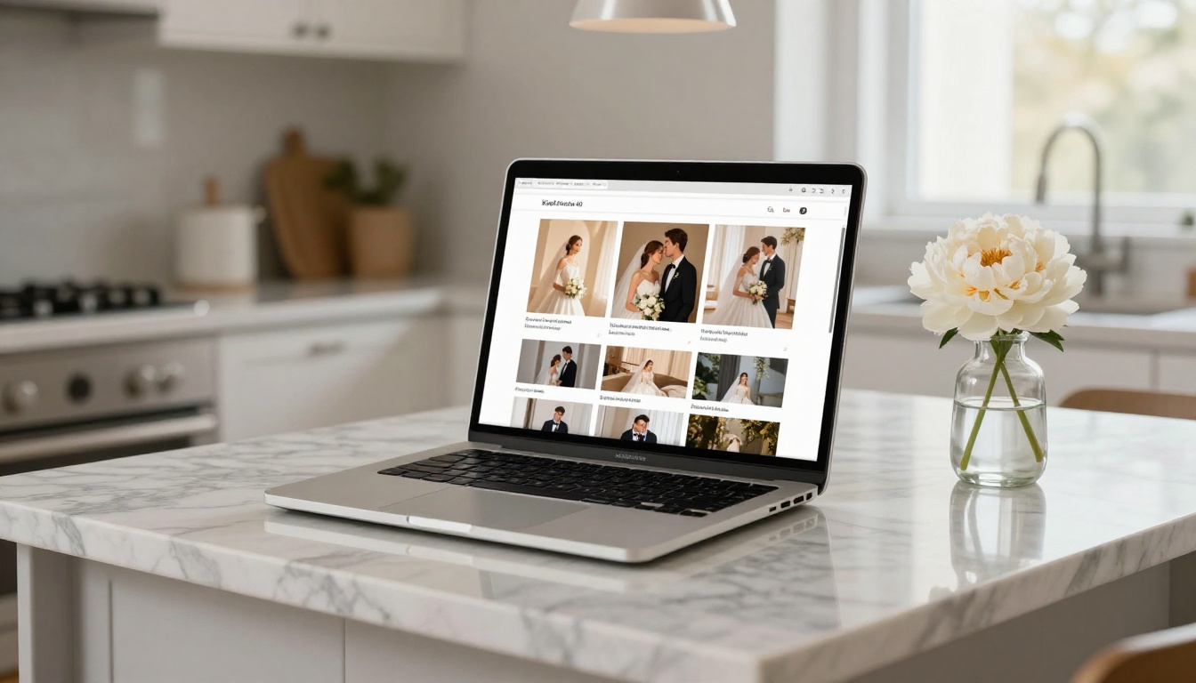 Laptop displaying a digital wedding photo album on a marble counter