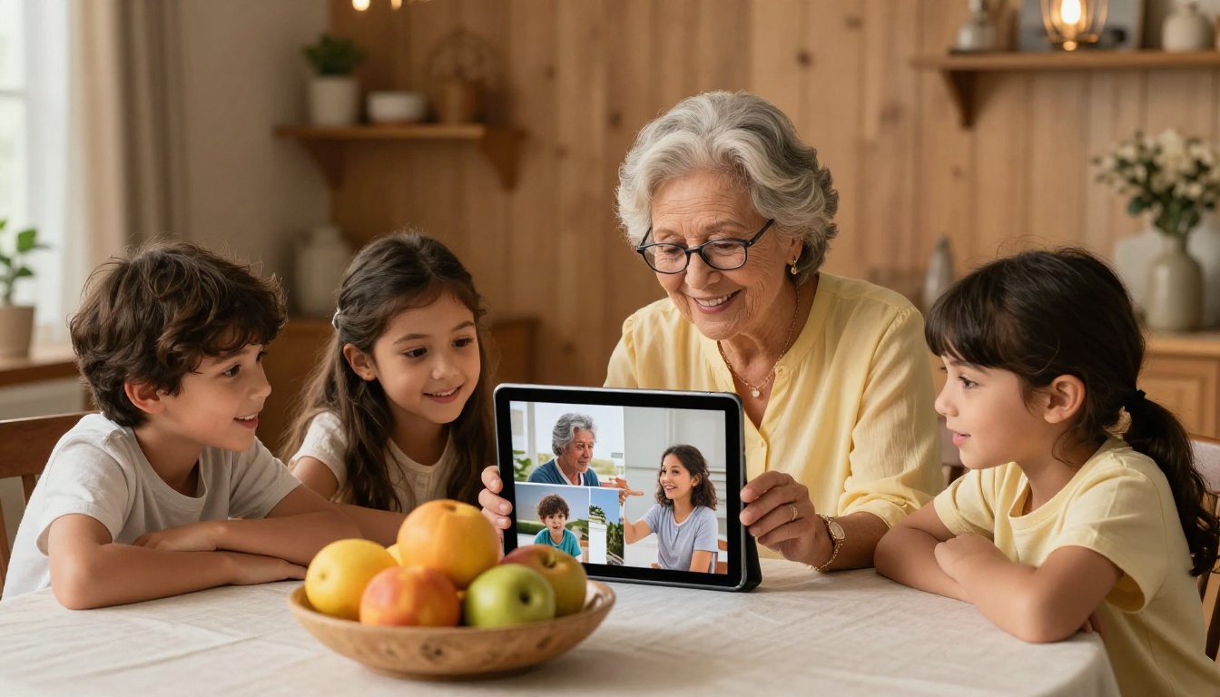 Multigenerational family gathered around a tablet viewing a digital photo album