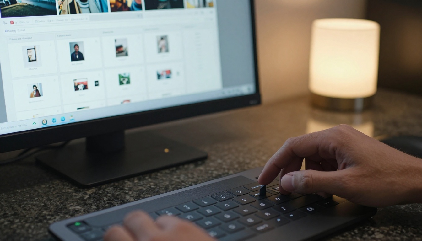 Close-up of hands arranging photos in a drag-and-drop album editor