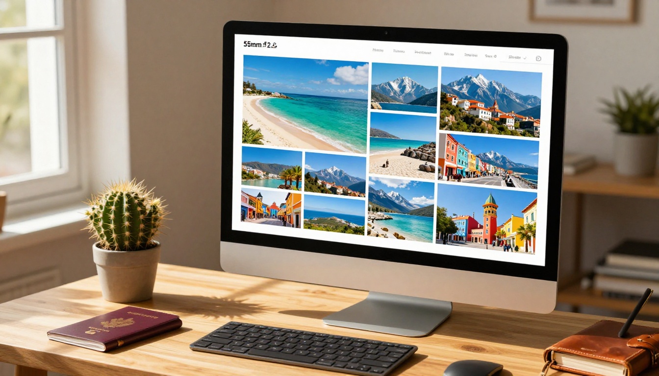 Travel photo album with turquoise beaches and mountain landscapes on a desktop monitor
