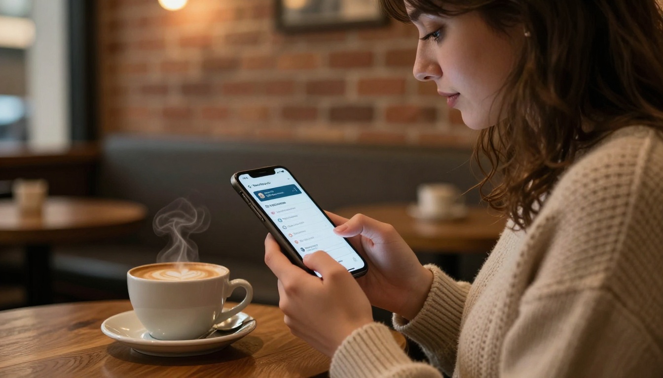 Young woman sharing a digital photo album link from a cozy coffee shop
