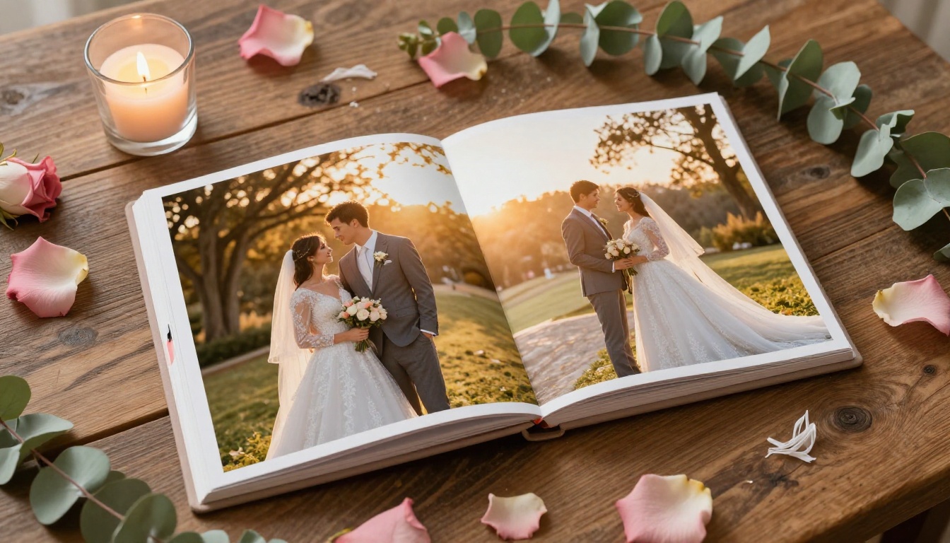 Romantic wedding flipbook album displayed on a tablet with rose petals and candlelight