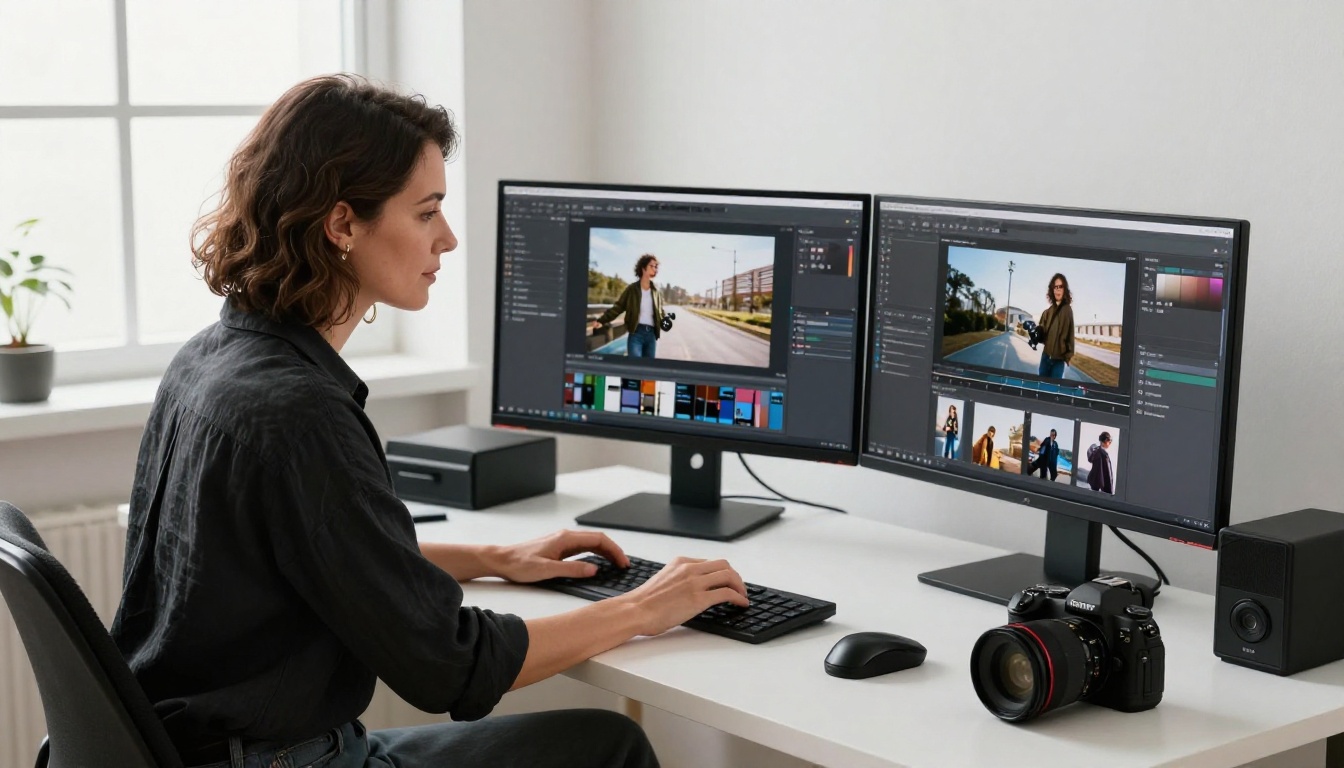 Professional photographer reviewing a digital portfolio on dual monitors in a studio