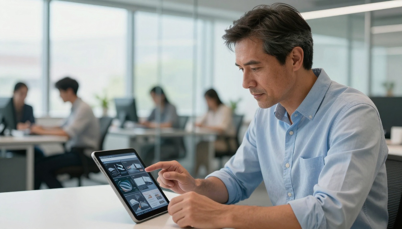 Man reviewing tablet with flipbook in office Man reviewing tablet with flipbook in office