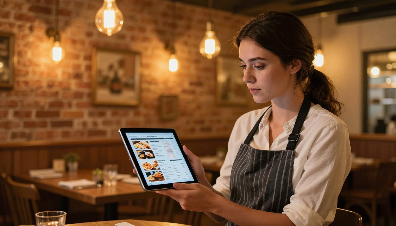 Restaurant owner with tablet showing digital menu