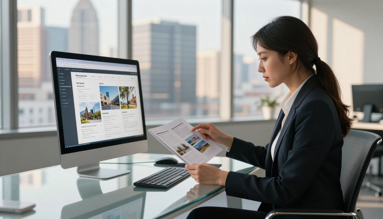 Real estate agent reviewing flipbook on monitor
