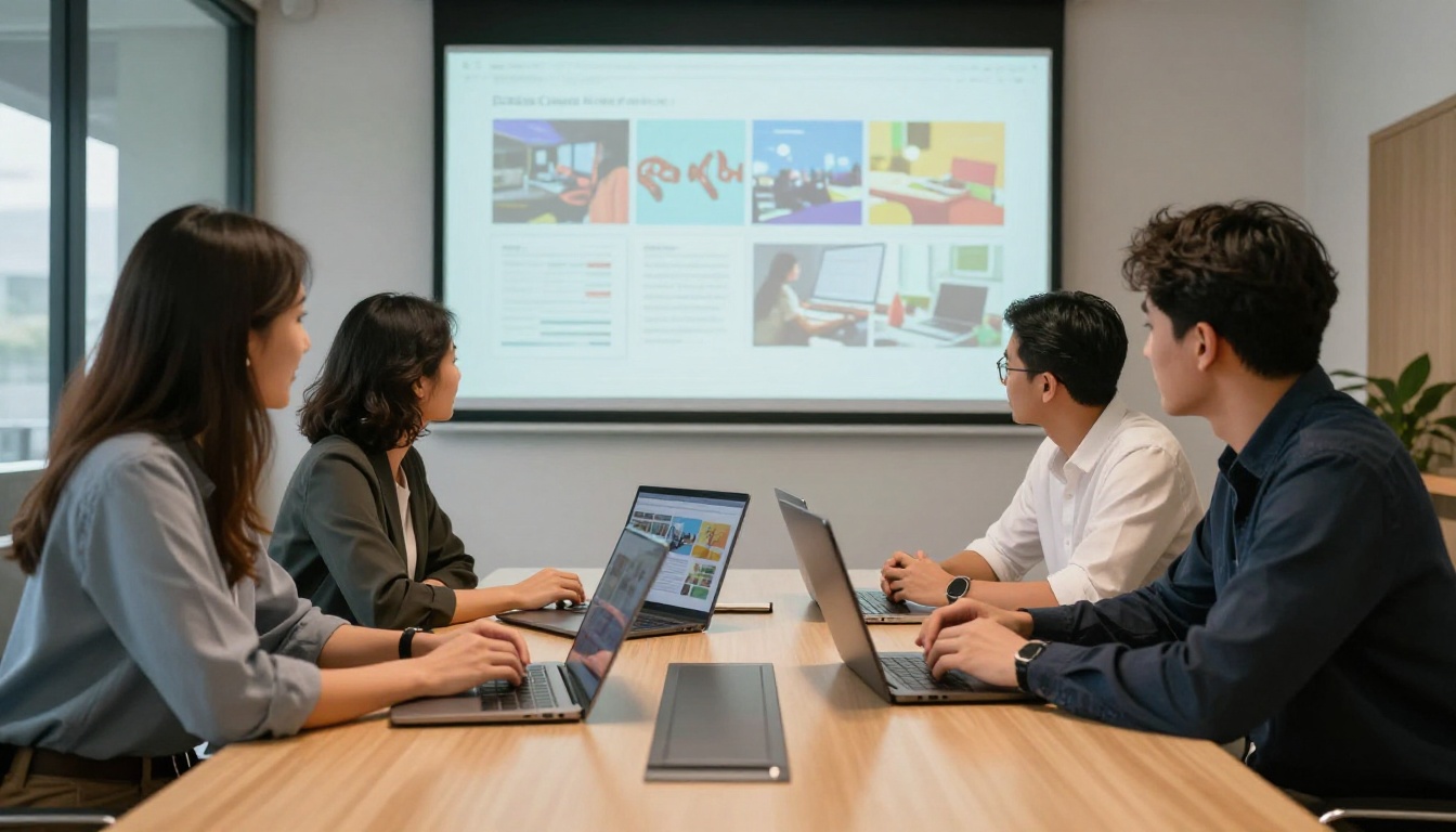 Marketing team reviewing flipbook on conference screen
