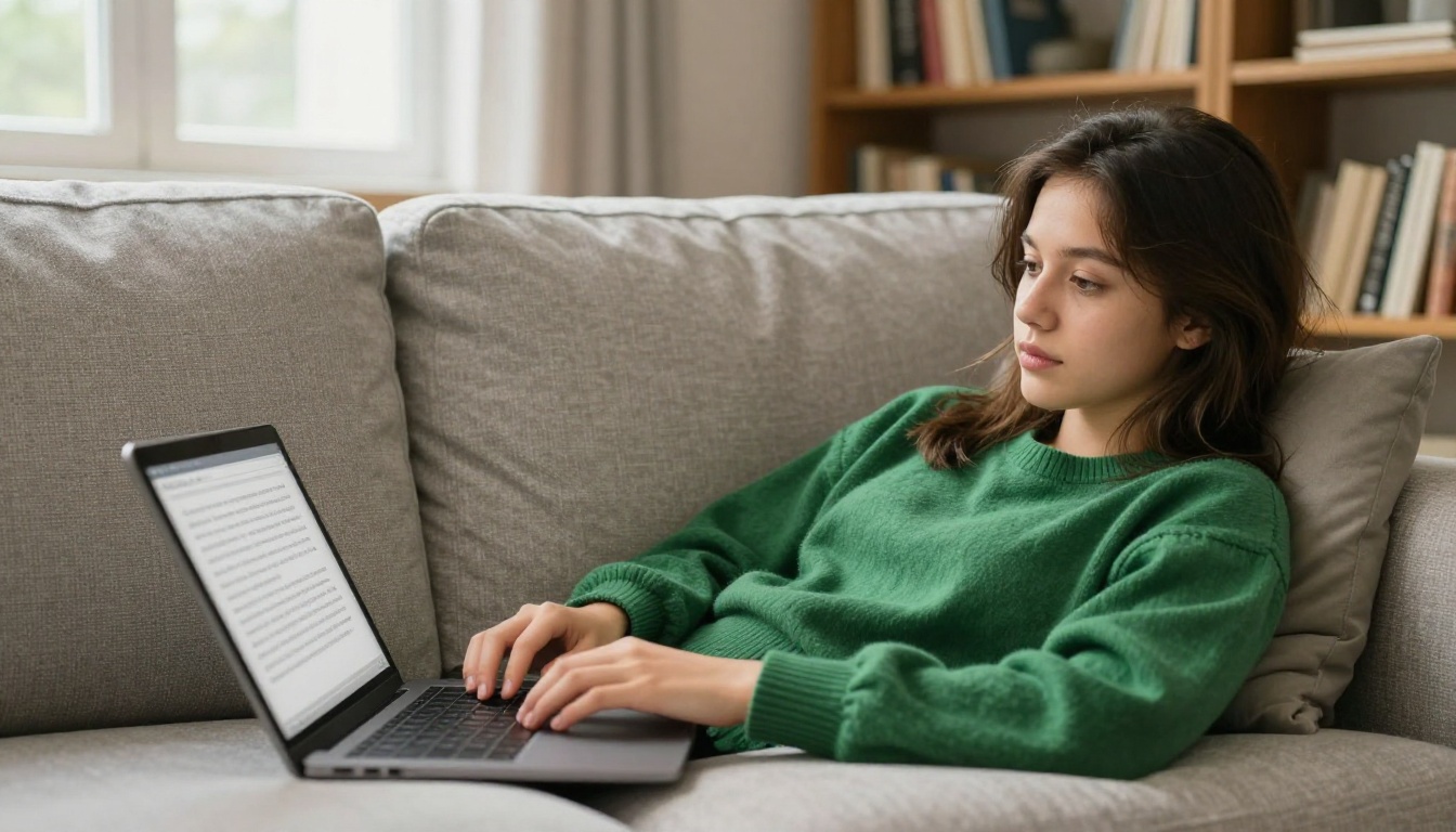Student reading e-book flipbook on sofa