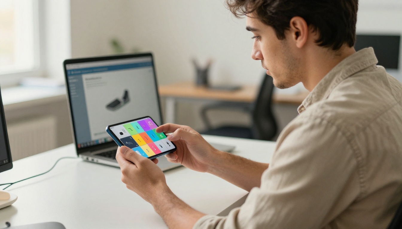 Person swiping digital catalog on Android smartphone in office setting