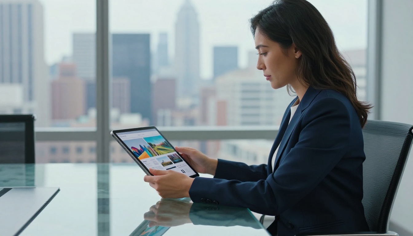 Businesswoman holding tablet showing interactive digital brochure in a boardroom setting