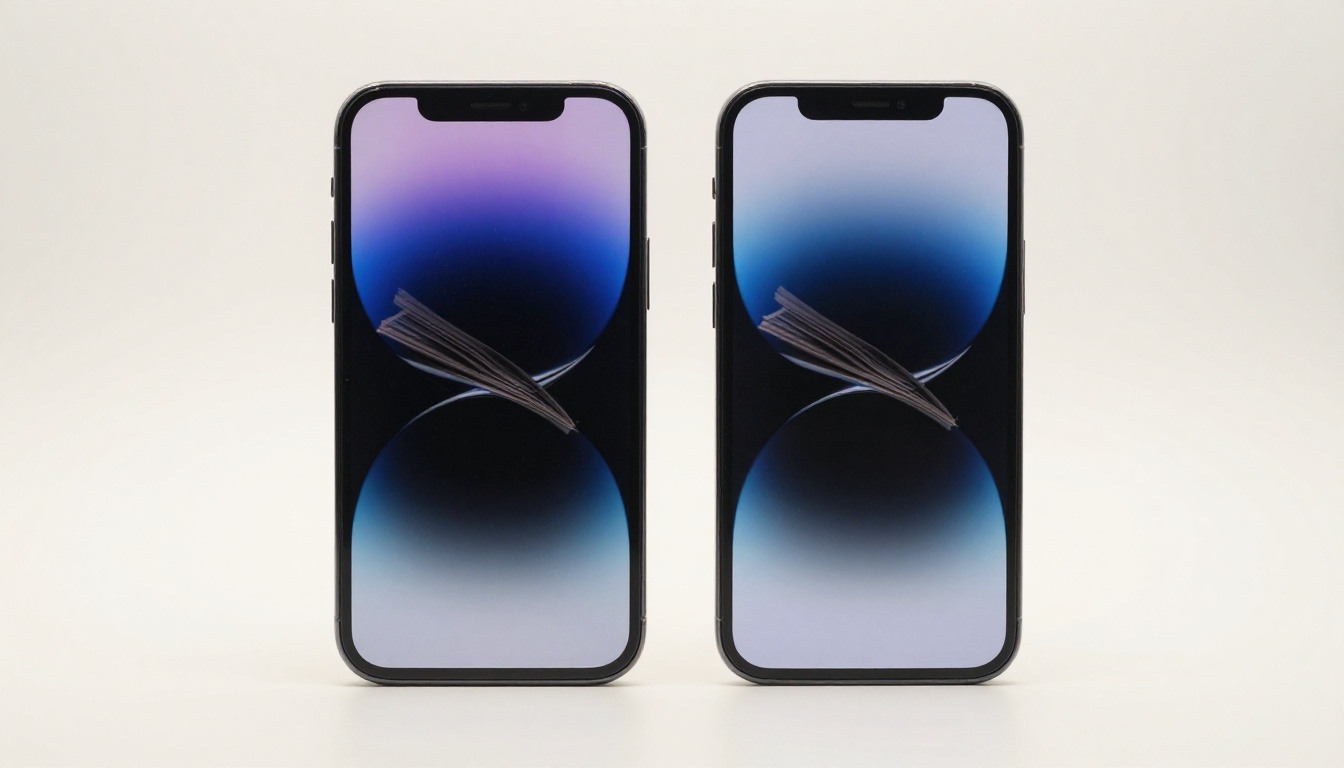 Two smartphones iPhone and Android side by side on white surface both showing flipbook page-turn animation