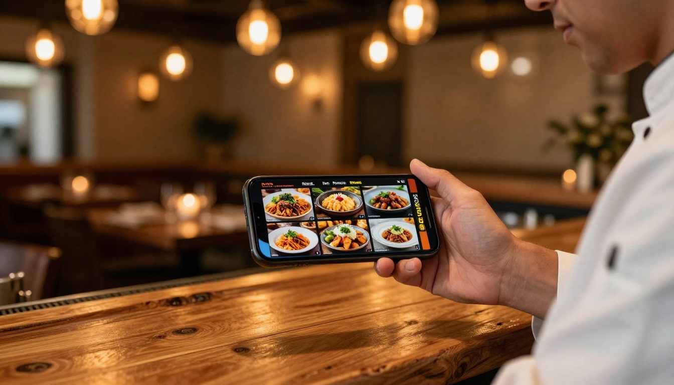 Restaurant owner in chef whites holding smartphone showing digital menu at rustic wooden bar counter