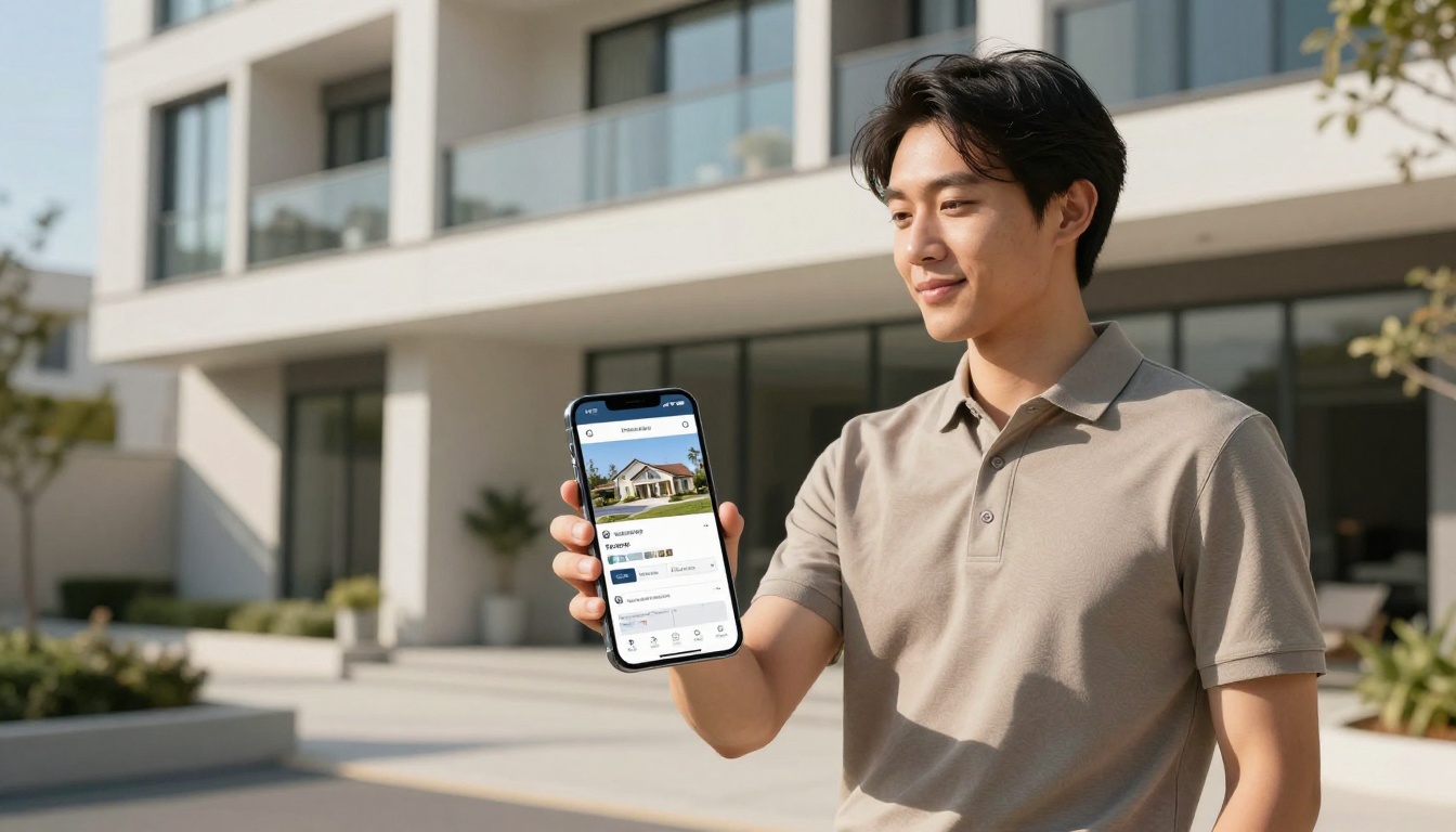 Real estate agent showing property brochure flipbook on Android phone standing in front of luxury apartment