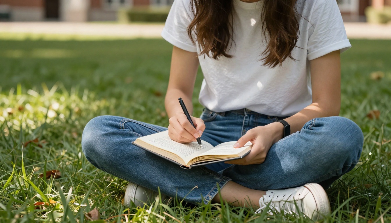 University student sitting on sunny campus grass with iPhone showing interactive educational flipbook