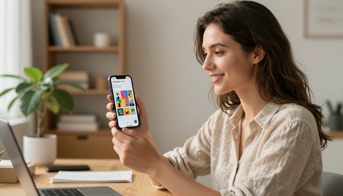 Happy woman at home office desk holding smartphone up showing colorful digital portfolio flipbook