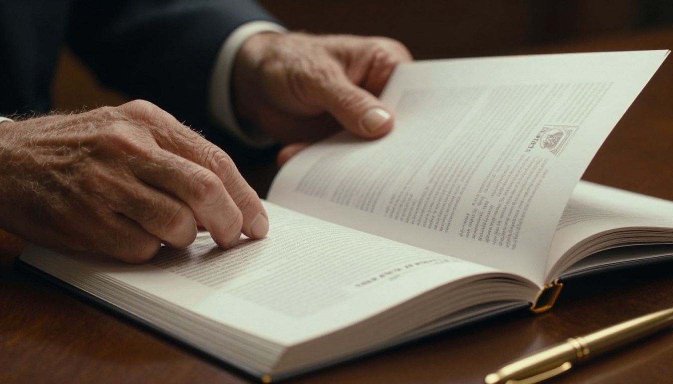 Close-up of weathered executive hands turning thick glossy annual report pages on dark walnut conference table with gold pen