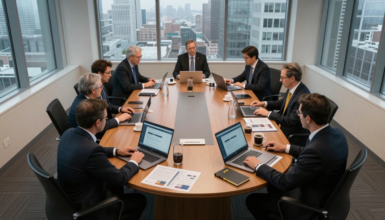 Aerial view of boardroom conference table with executives reviewing annual reports on laptops