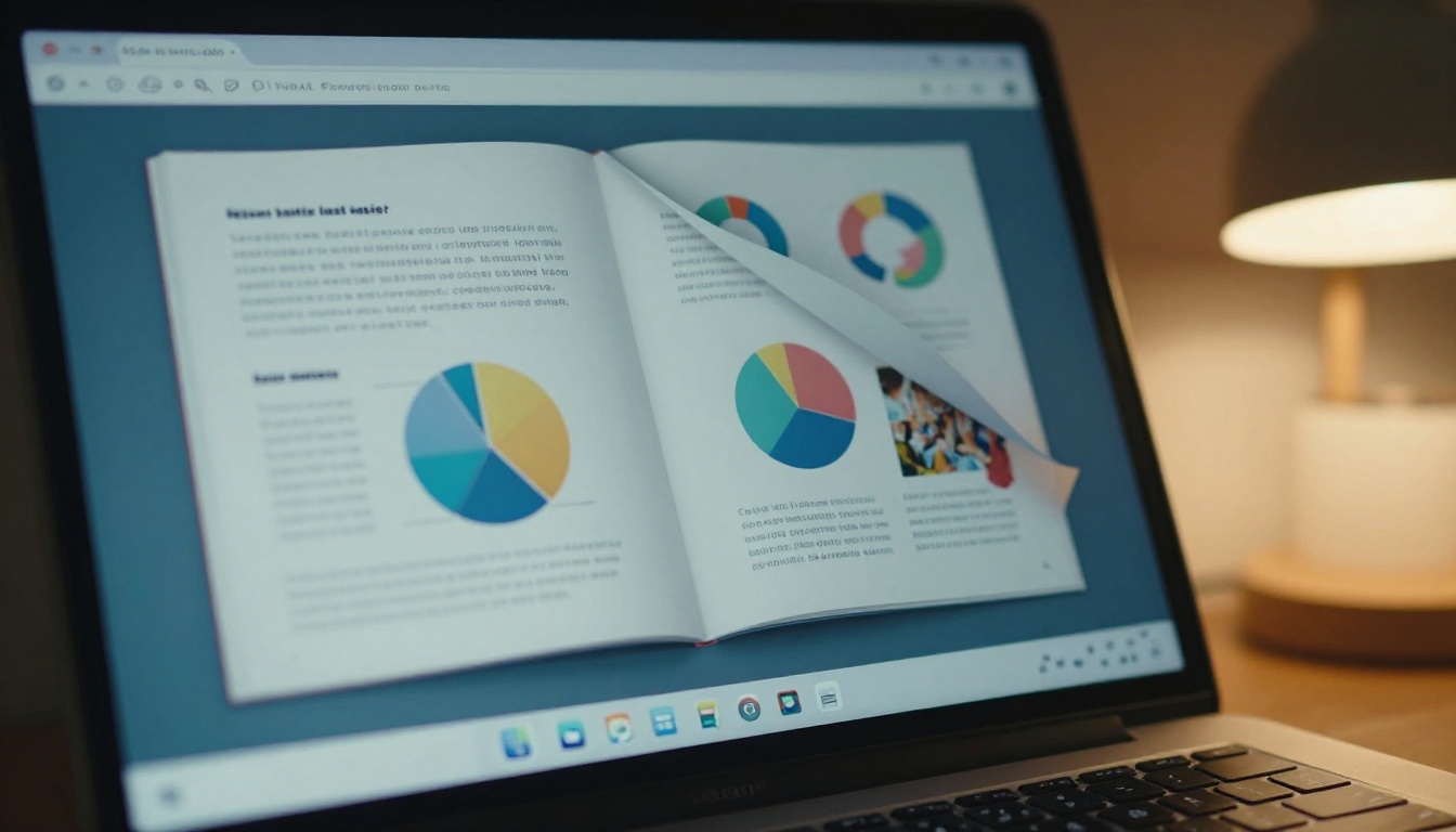 Laptop screen showing interactive flipbook mid-page-turn animation revealing full-bleed infographic spread Laptop screen showing interactive flipbook mid-page-turn animation revealing full-bleed infographic spread