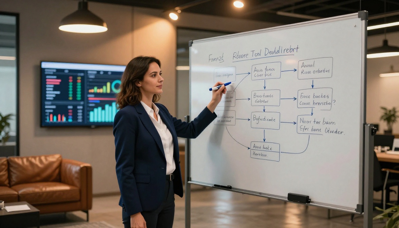 Confident businesswoman in navy blazer drawing annual report production flowchart on glass whiteboard in modern office