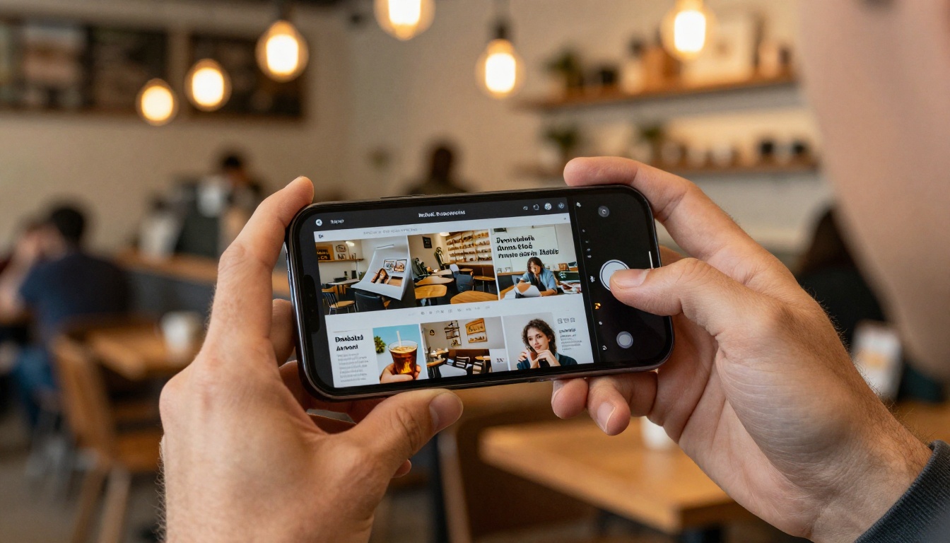 Hands holding smartphone horizontally showing mobile-responsive annual report flipbook with swipeable pages and vivid photography