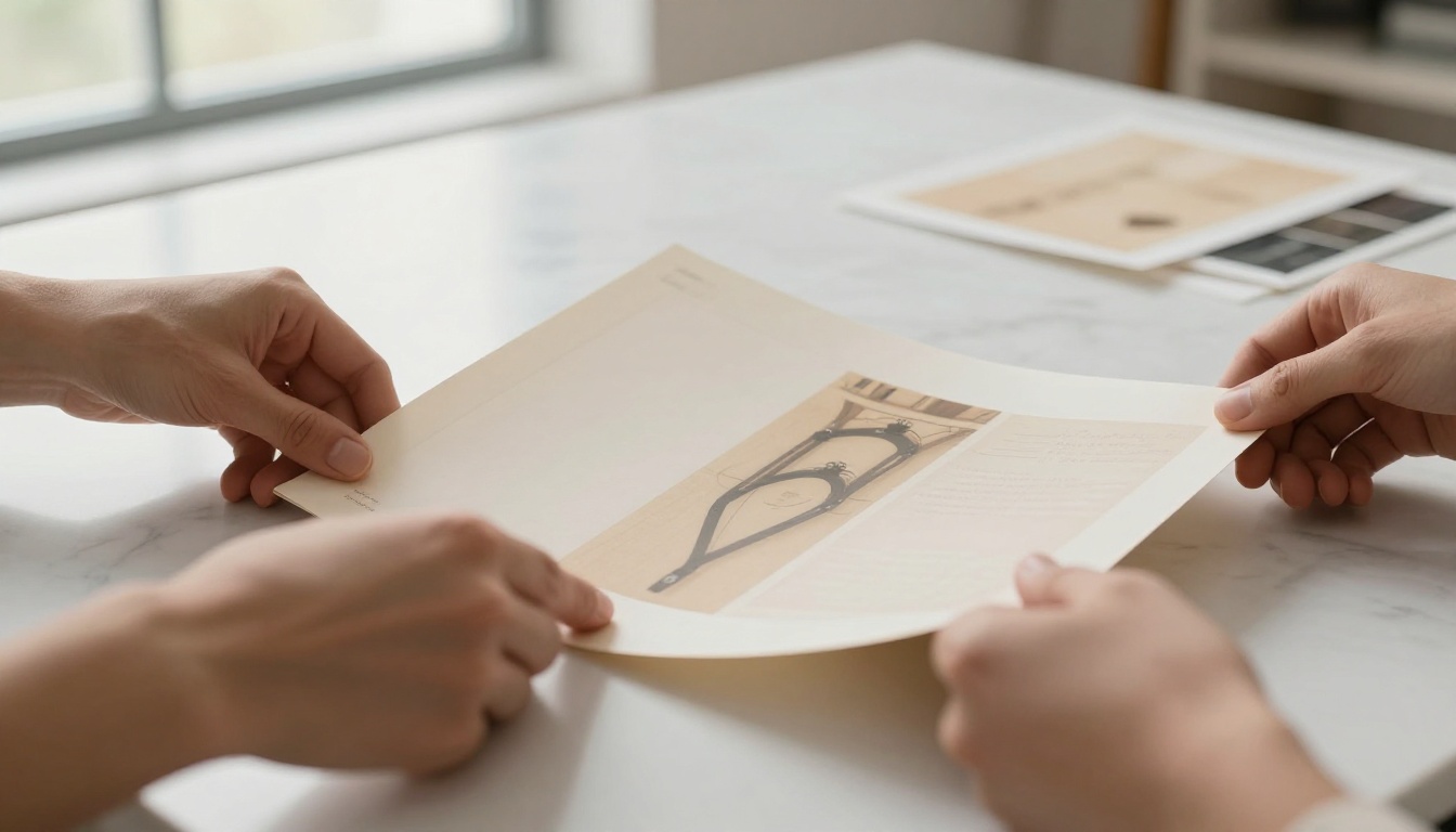 Hands turning the pages of a printed design portfolio on a white marble desk with natural light