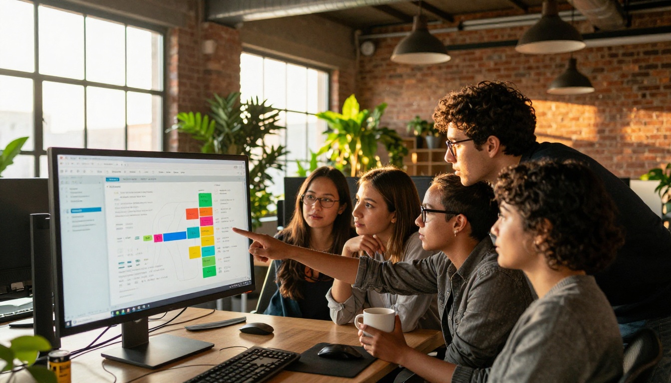 Corporate team gathered around office monitor reviewing annual report data together Corporate team gathered around office monitor reviewing annual report data together