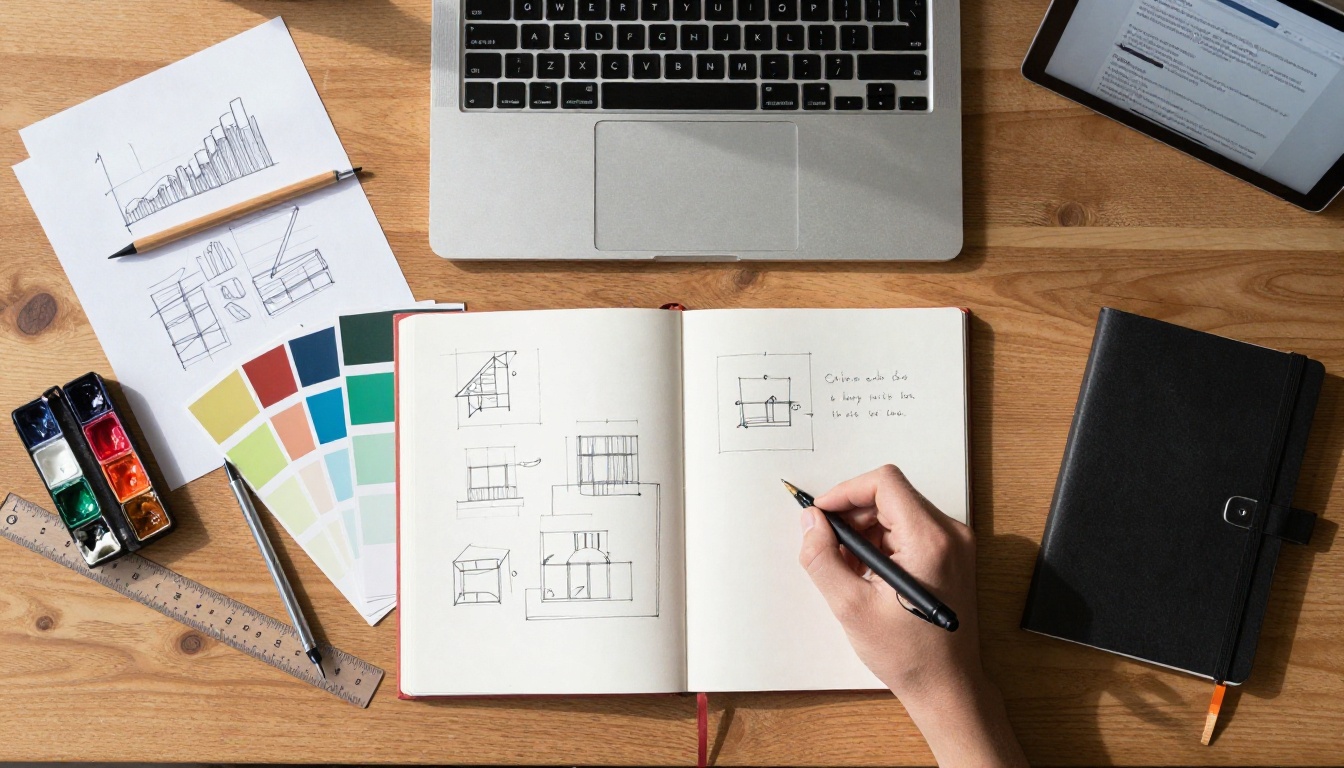 Aerial top-down view of a creative professional's desk with an open portfolio, design sketches, and Pantone color swatches