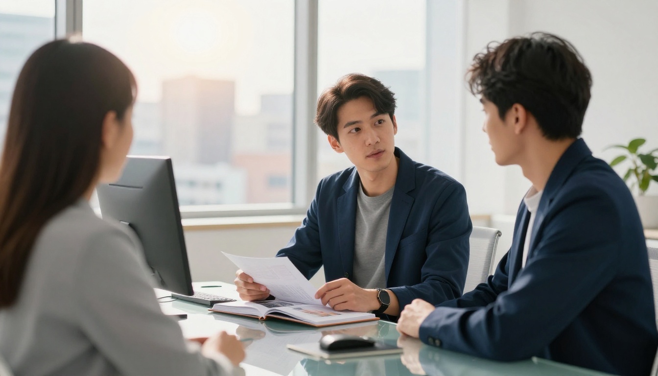 Graphic designer presenting an open portfolio to clients in a modern minimalist conference room with city skyline in the background