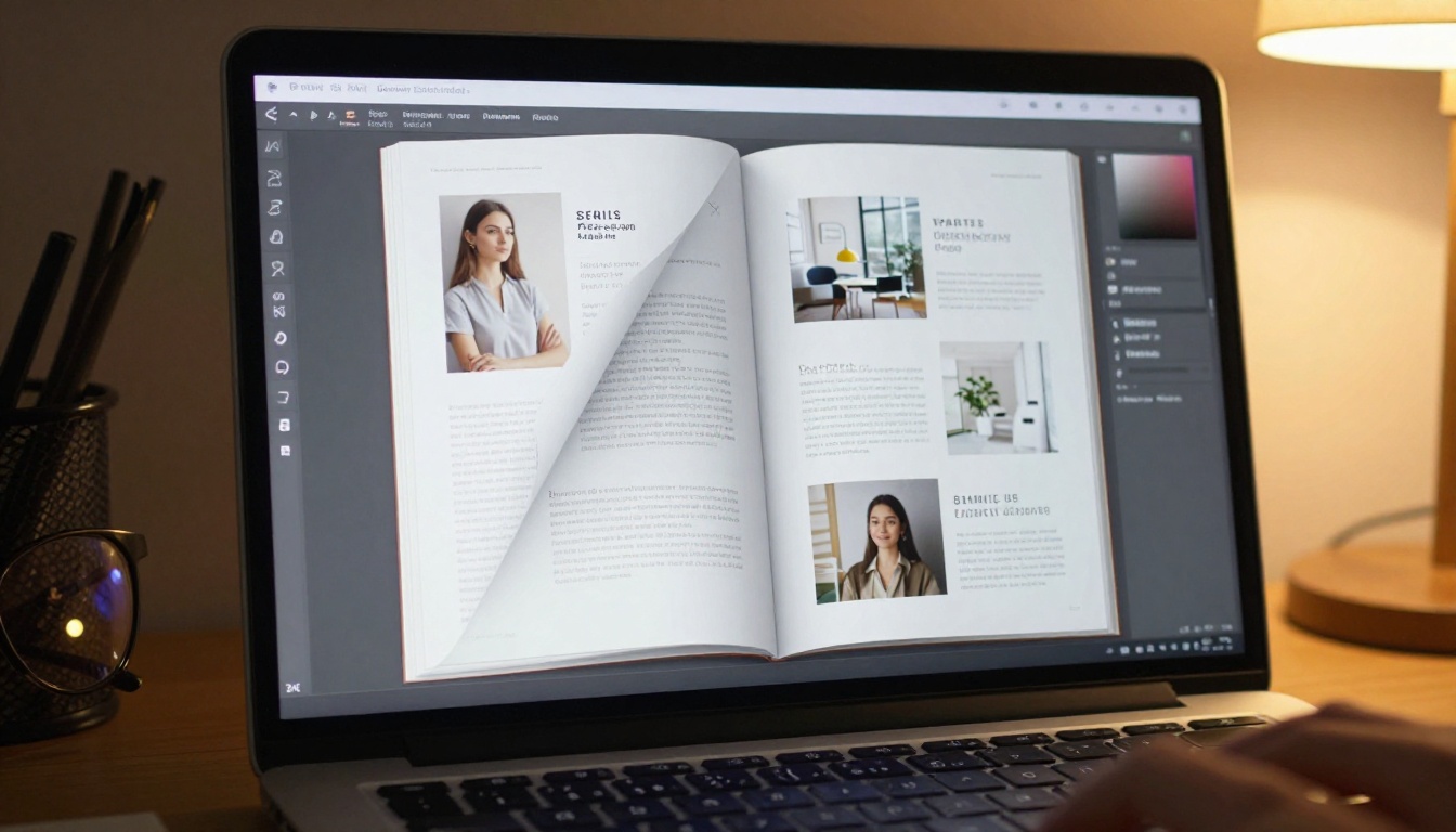 Close-up of a laptop screen showing an interactive digital flipbook portfolio with a realistic page-turning curl effect