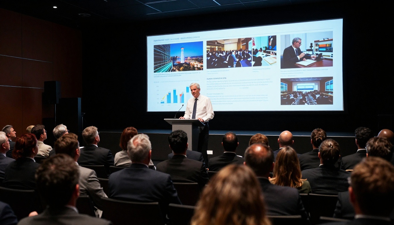 Senior executive with silver hair presenting annual report flipbook to full corporate auditorium audience Senior executive with silver hair presenting annual report flipbook to full corporate auditorium audience