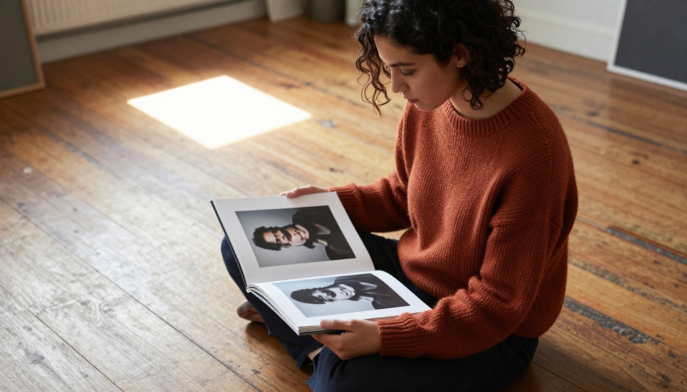 Female photographer seated cross-legged on a studio hardwood floor holding an open photography portfolio in natural skylight