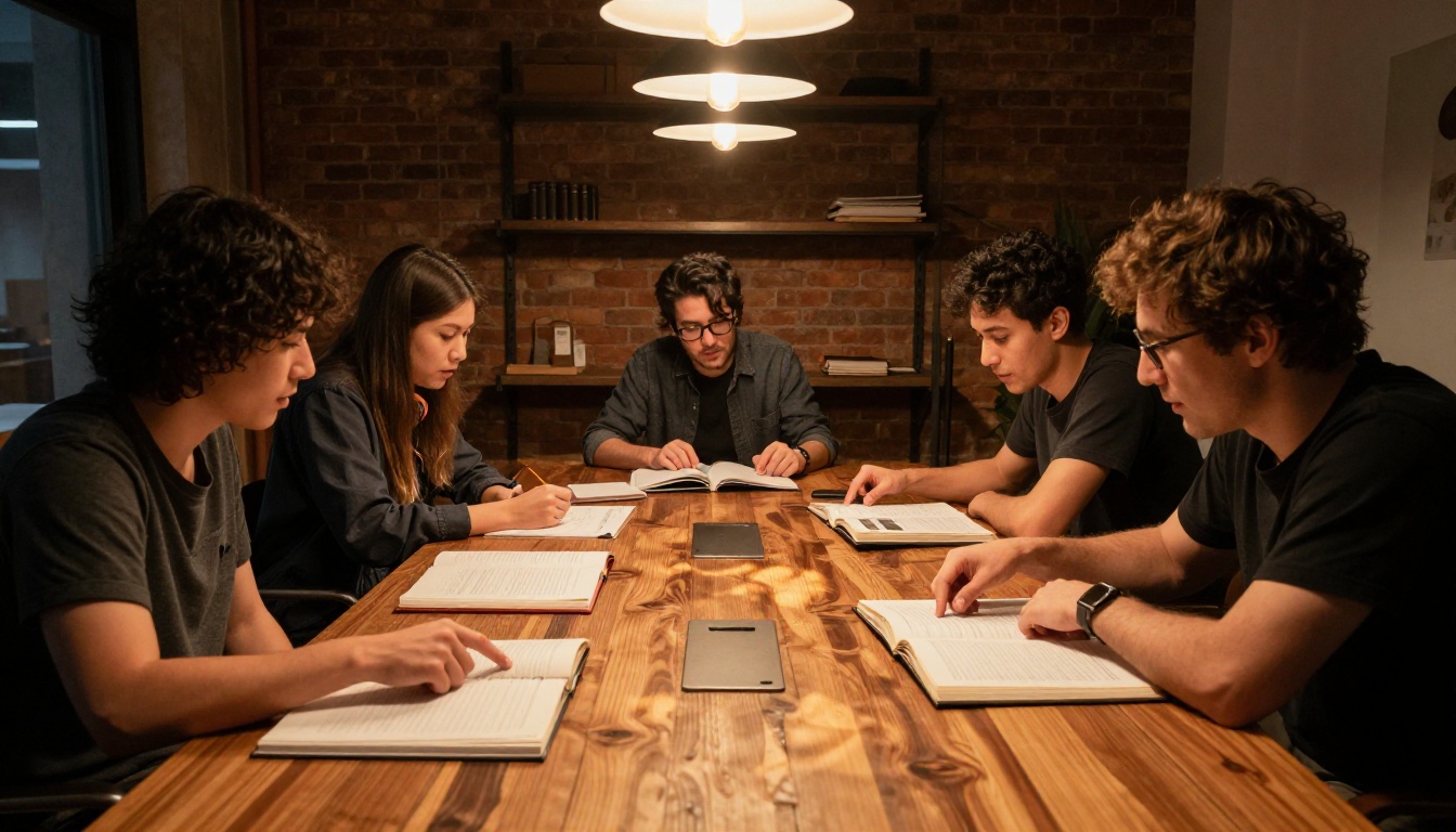 Creative agency team of four people discussing open portfolio books around a large conference table with warm pendant lighting