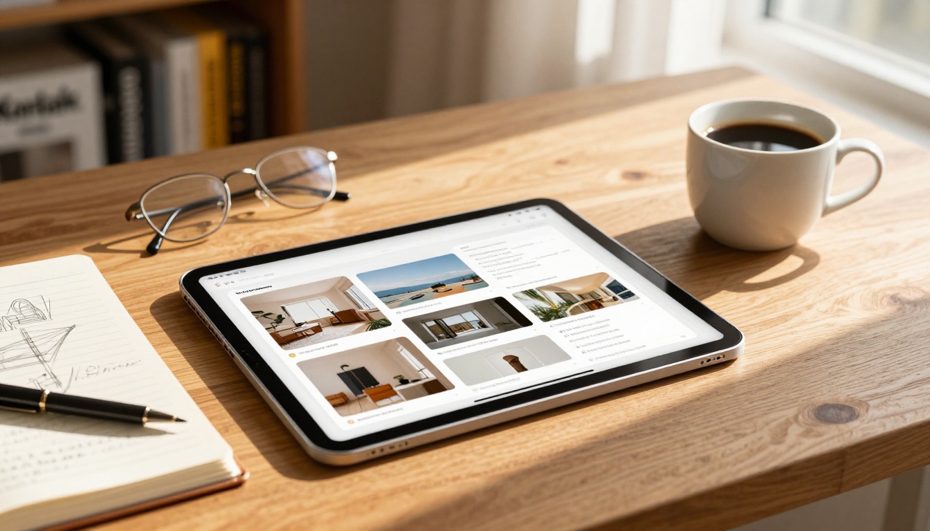 Modern iPad Pro on a walnut desk displaying a digital portfolio with page-flip effect, beside a sketchbook, coffee, and reading glasses
