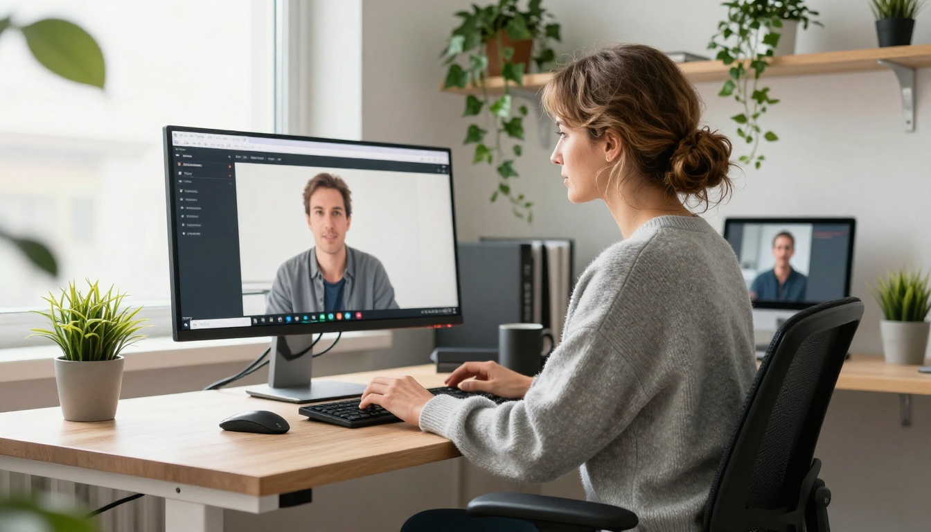 Freelance web designer at a home office desk with a large monitor showing a portfolio and a secondary screen with a blurred video call client