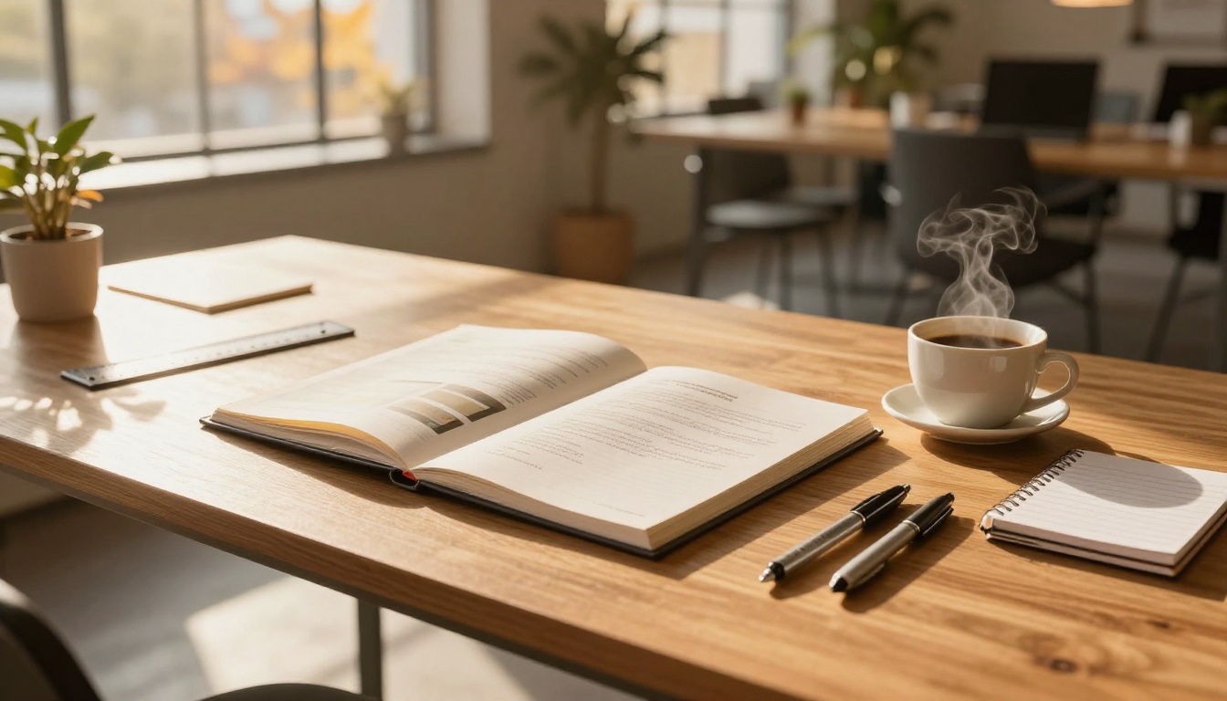 Wide shot of a modern co-working space desk with an open design portfolio and coffee in warm autumn afternoon sunlight streaming through tall windows
