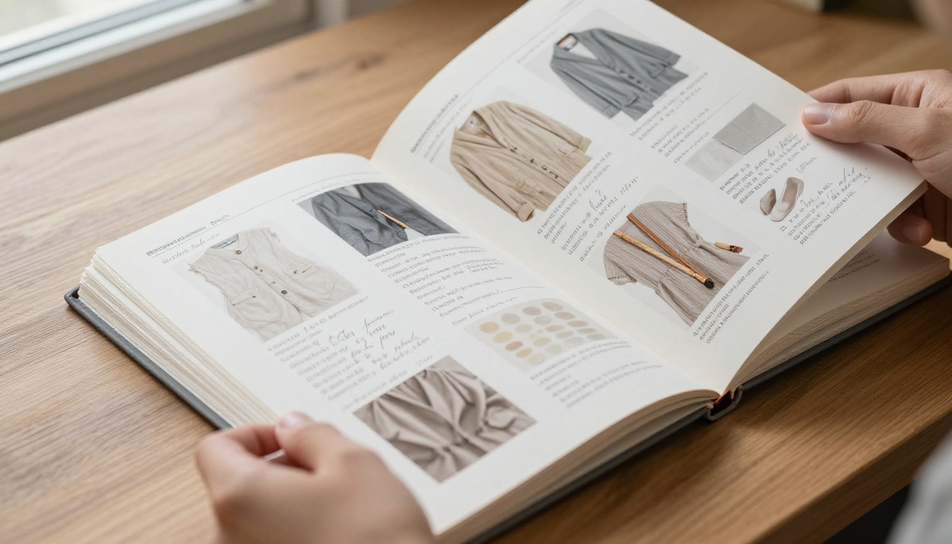 Hands holding a printed product catalog with fabric swatches