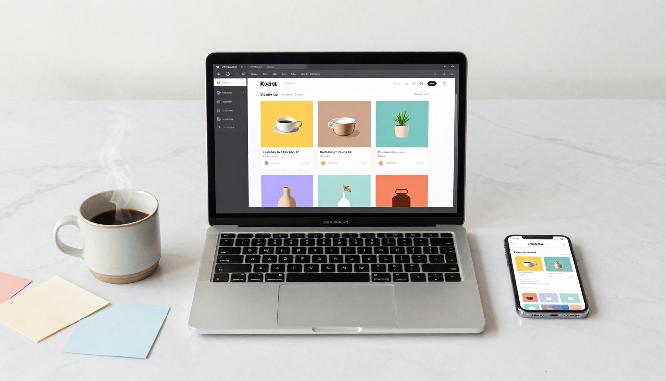 Digital product catalog on laptop workspace