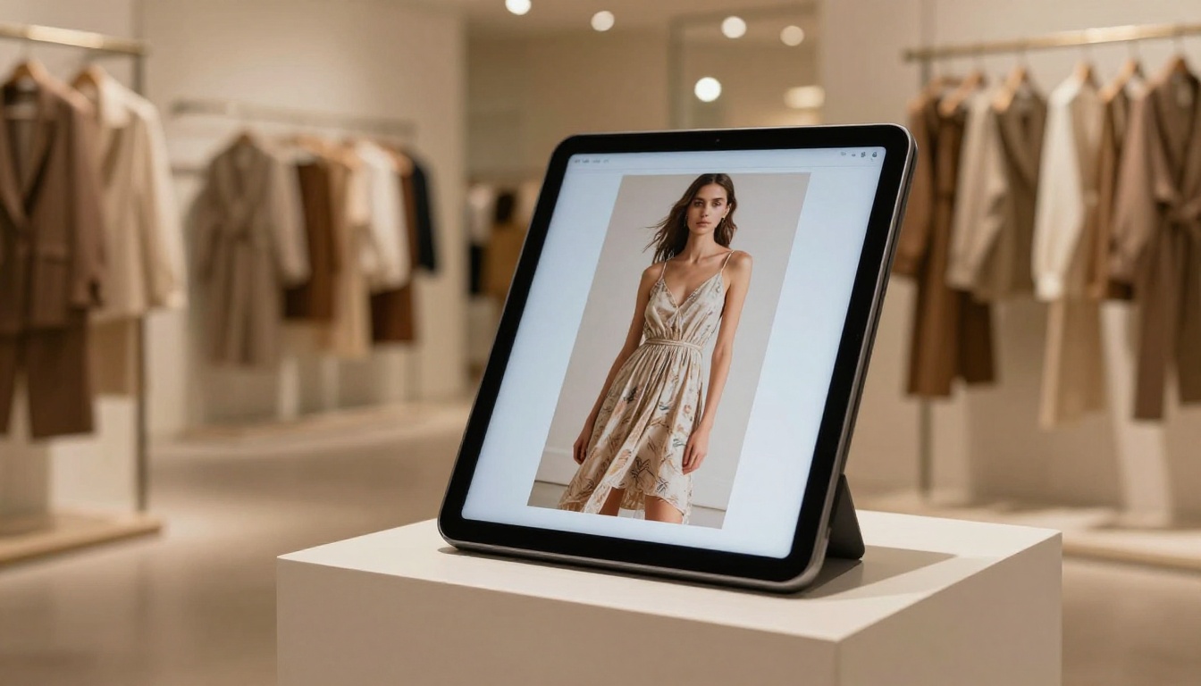 Fashion boutique interior with tablet showing a digital lookbook