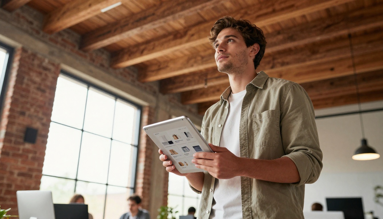 Entrepreneur holding tablet displaying shoppable product catalog