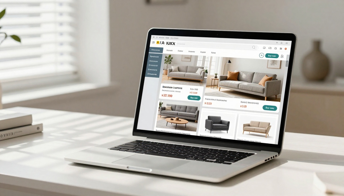 Laptop screen showing furniture catalog with interactive buy-now buttons