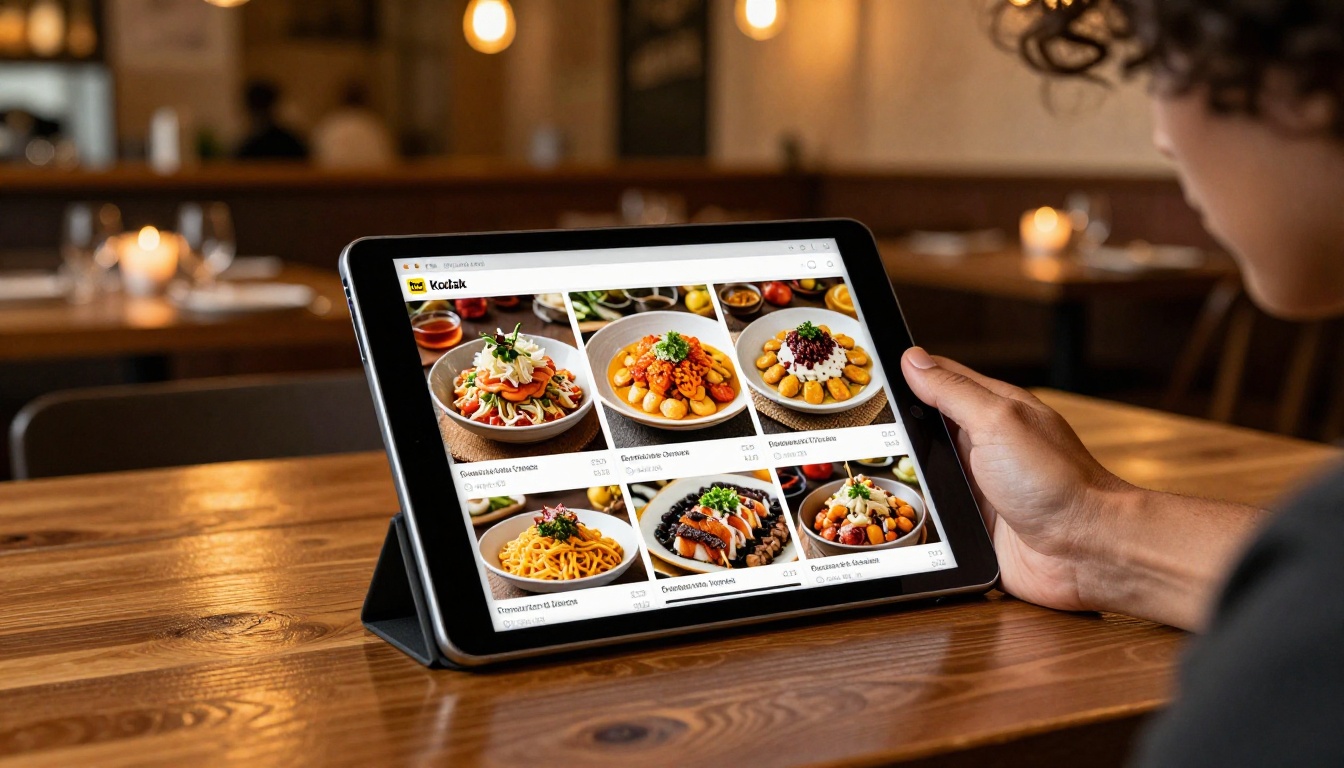 Restaurant owner reviewing digital interactive menu on an iPad
