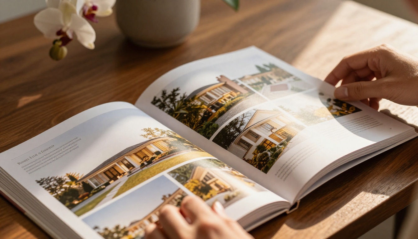 Hands flipping through a glossy real estate brochure on a mahogany desk with warm afternoon light
