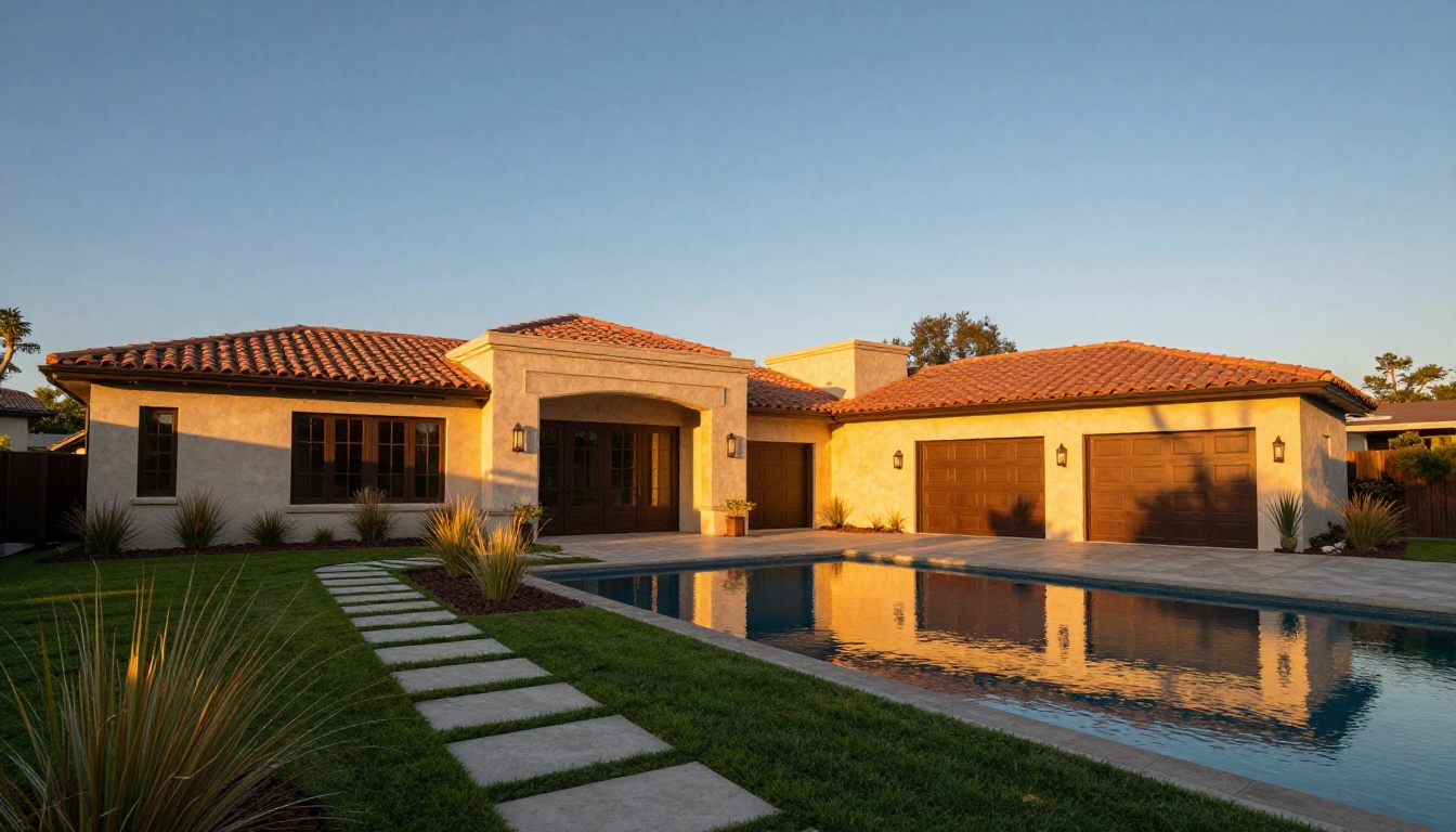 Luxury home exterior at golden hour with infinity pool, three-car garage and manicured landscaping