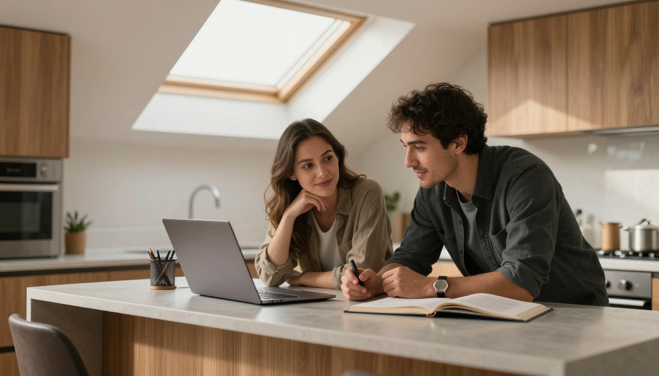 Real estate agent showing property on laptop to a couple seated at a kitchen island