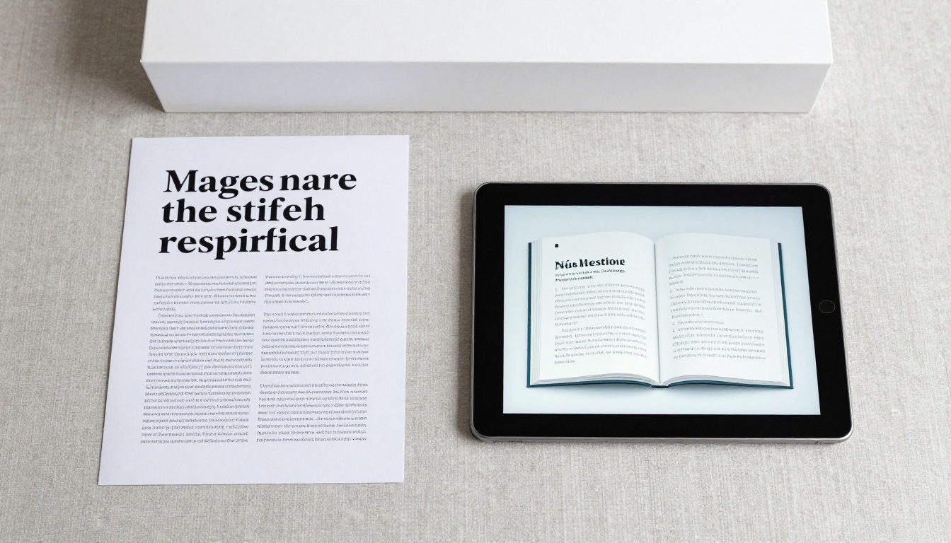 Flat-lay comparison of a printed real estate flyer and a digital tablet showing an interactive flipbook