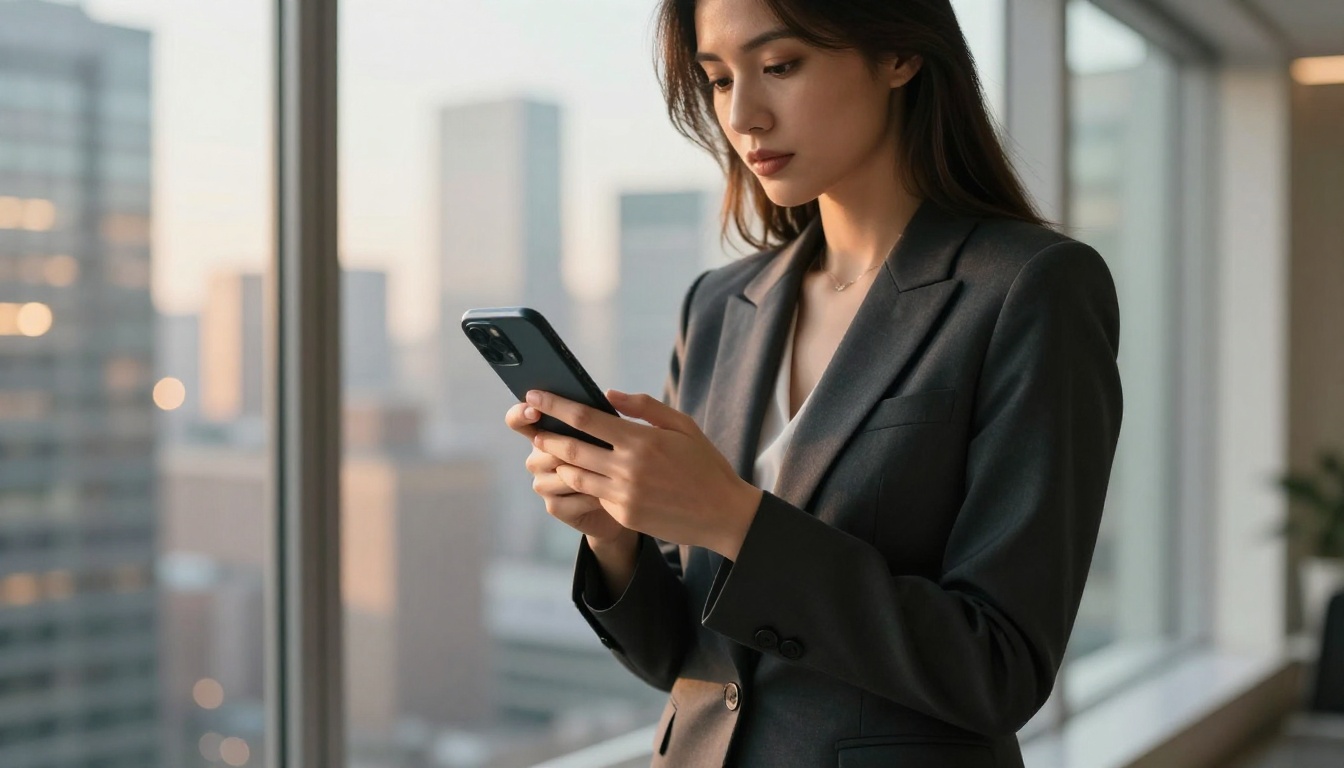 Elegant professional woman browsing a property listing on her smartphone near a floor-to-ceiling window