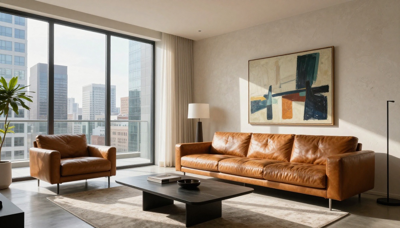 Interior of a high-end luxury apartment with panoramic city views and Italian designer furniture Interior of a high-end luxury apartment with panoramic city views and Italian designer furniture