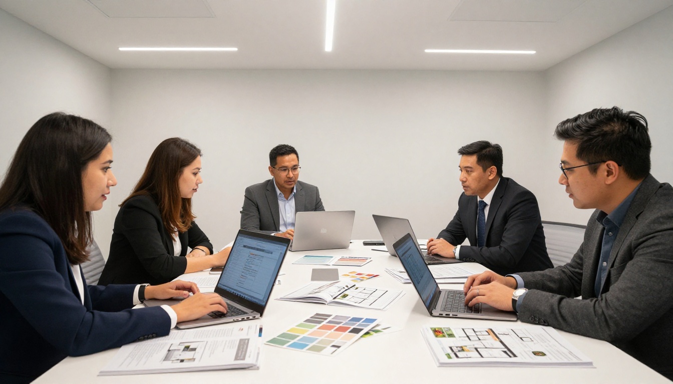Real estate marketing team collaborating around a conference table with brochures and laptops Real estate marketing team collaborating around a conference table with brochures and laptops
